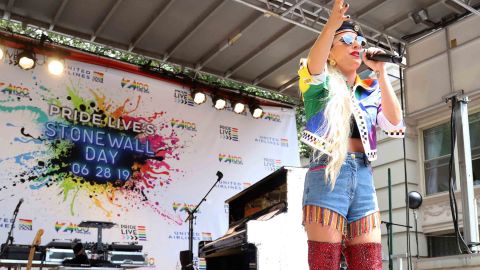 Lady Gaga speaks Friday at a rally in New York City commemorating the 50th anniversary of the Stonewall Riots.