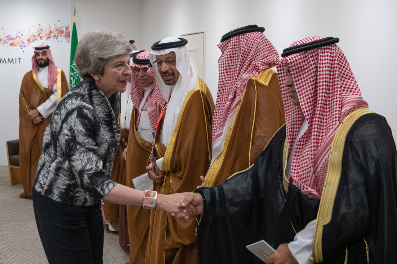 Britain's Prime Minister, Theresa May, meets Saudi Arabian officials Saturday during her bilateral meeting with bin Salman.