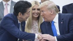 G20 summit. U.S. President, Donald Trump attends a meeting of G20 leaders to discuss empowering women around the world with his daughter, Ivanka and Japanese Prime Minister and G20 host, Shinzo Abe during the G20 summit in Osaka, Japan. Picture date: Saturday June 29, 2019. See PA story POLITICS G20. Photo credit should read: President Trump attends a meeting with Russian President Vladimir Putin during the G20 summit in Osaka on June 28./PA Wire URN:43813692 (Press Association via AP Images)