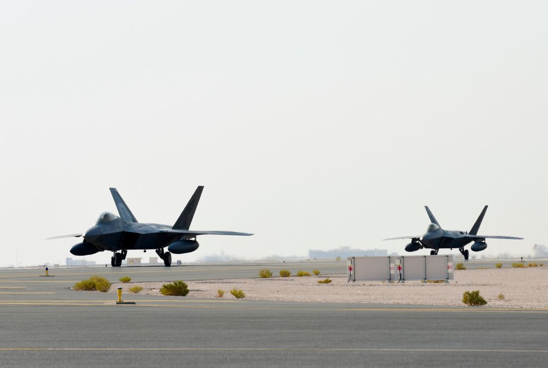 US Air Force F-22 Raptors arrive at Al Udeid Air Base, Qatar, on June 27, 2019. 