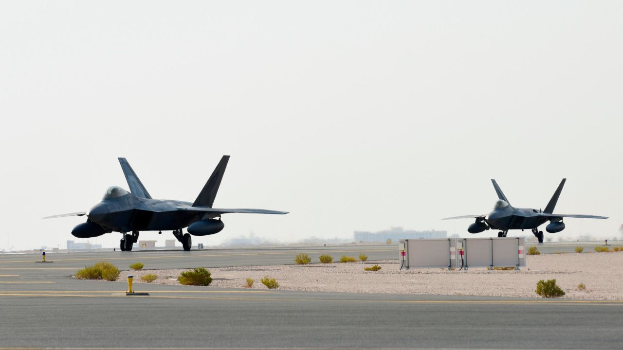 US Air Force F-22 Raptors arrive at Al Udeid Air Base, Qatar, June 27, 2019.