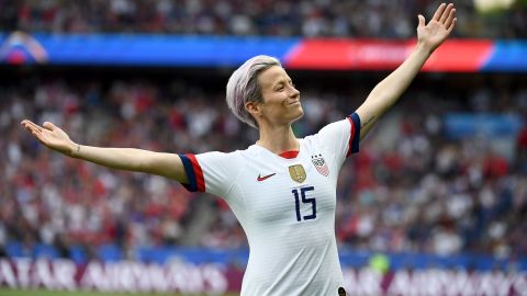 Megan Rapinoe celebrates after scoring at the Women's World Cup in 2019. 