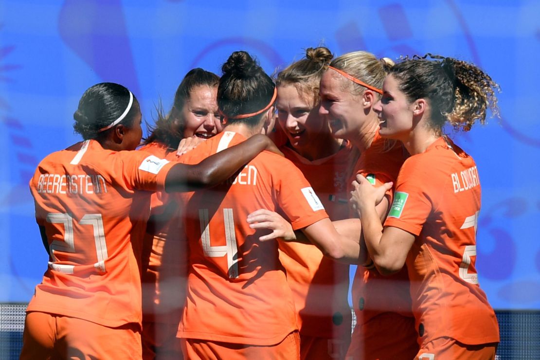 Netherlands players celebrate during Saturday's 2-0 quarterfinal win against Italy at the Women's World Cup. 