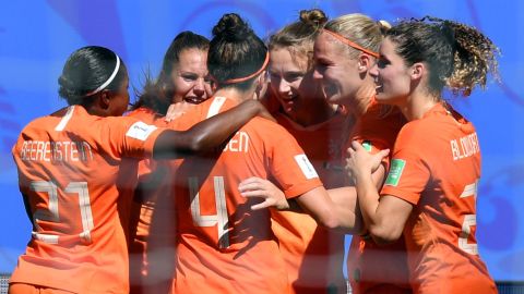 Netherlands players celebrate during Saturday's 2-0 quarterfinal win against Italy at the Women's World Cup.