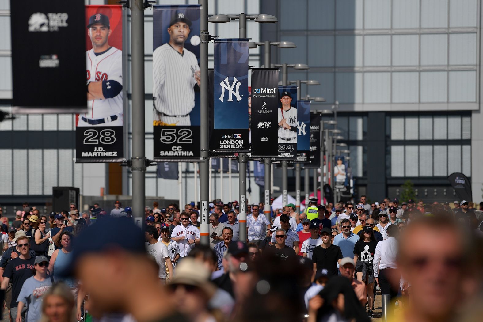 Fans arrive for game one of the MLB London Series between the New York Yankees and the Boston Red Sox at London Stadium on June 29.