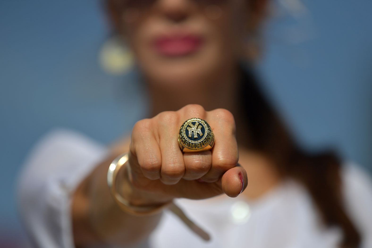  A New York Yankees fan shows of her Yankees ring ahead of game one of the MLB London Series on June 29.