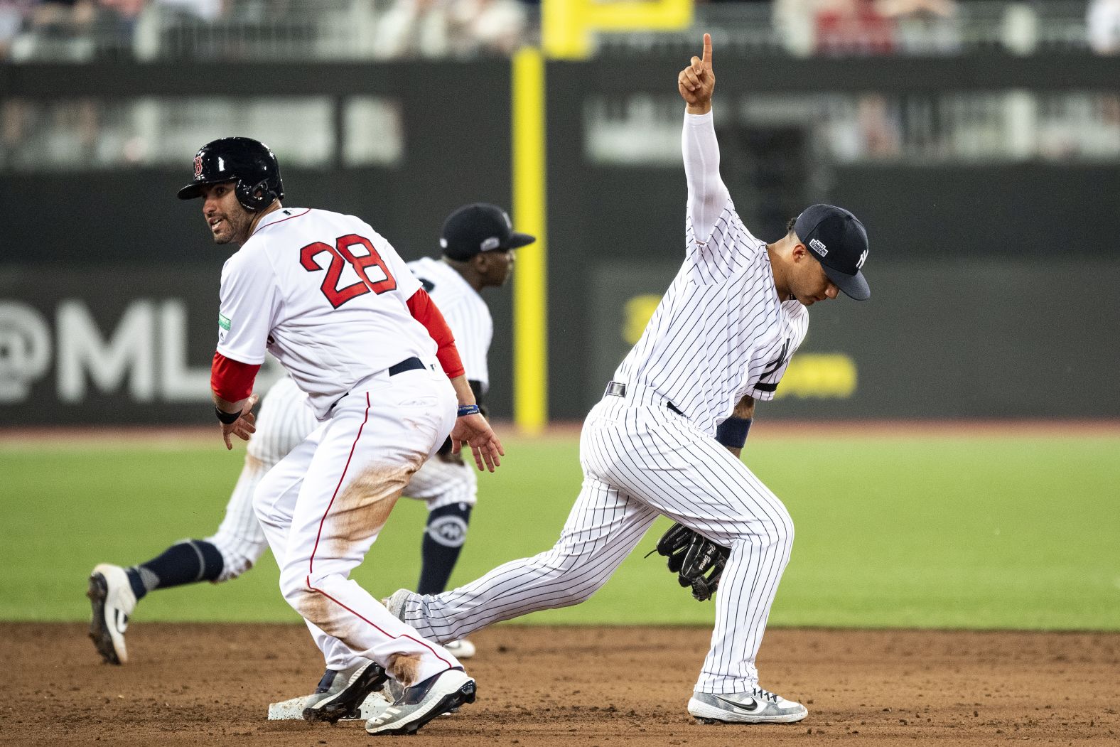 Gleyber Torres, right, celebrates winning game one after recording the final out at London Stadium on June 29.