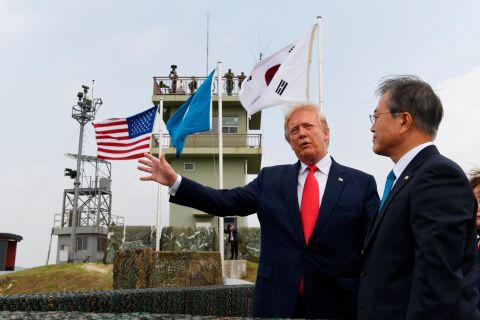 Trump talks with South Korean President Moon and views North Korea from Observation Post Ouellette at Camp Bonifas in South Korea.