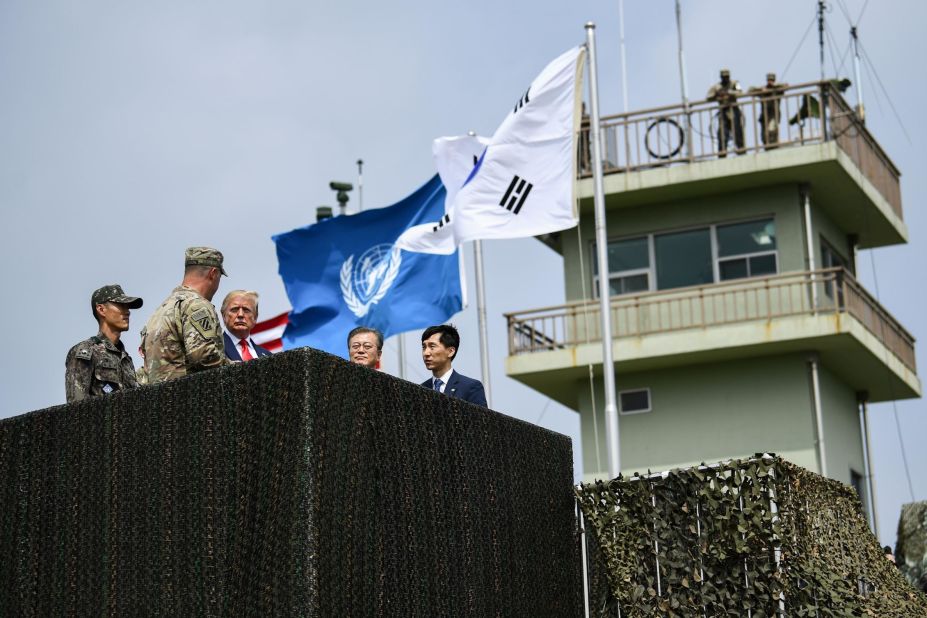 Trump and Moon visit an observation post in the Korean Demilitarized Zone separating North and South Korea on Sunday, June 30.