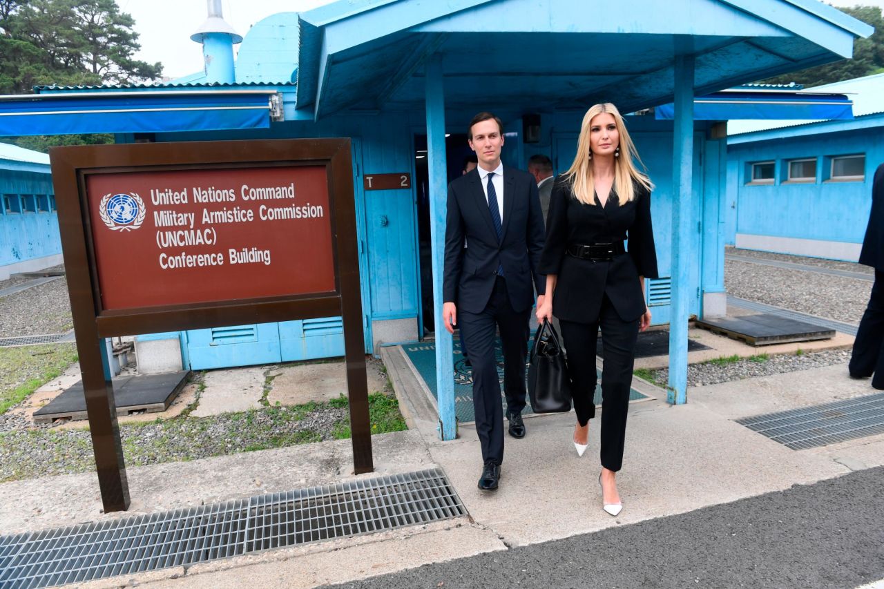 White House Senior Advisors Ivanka Trump and Jared Kushner, walk in the border village of Panmunjom in the Korean Demilitarized Zone in South Korea, on Sunday, June 30.
