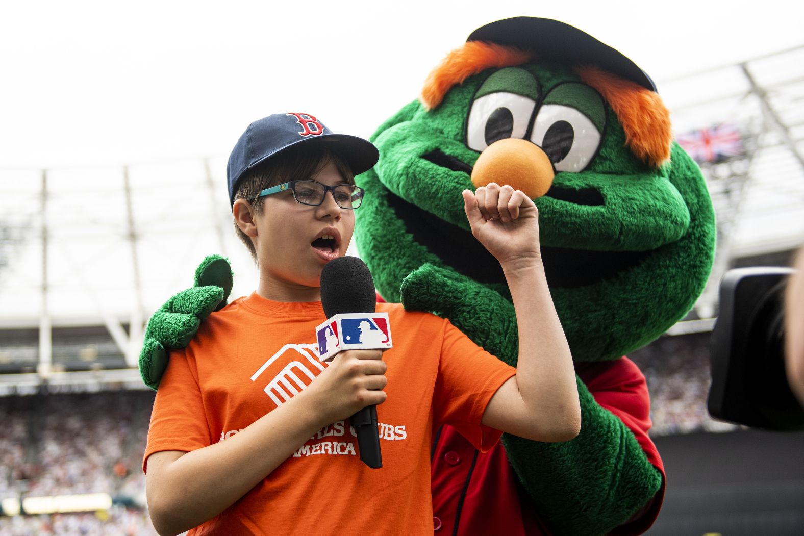 Red Sox mascot Wally participates in a "Play Ball" ceremony on June 30.