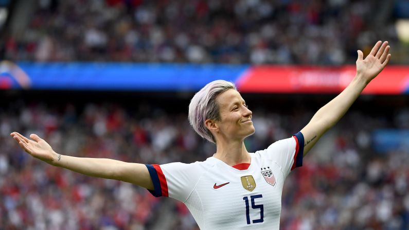 US soccer star Megan Rapinoe celebrates scoring her first of two goals against France during the Women's World Cup quarterfinal match on Friday, June 28 at Parc des Princes stadium in Paris, France. The celebration — <a href="index.php?page=&url=https%3A%2F%2Fwww.cnn.com%2F2019%2F06%2F29%2Ffootball%2Fmegan-rapinoe-soccer-france-trnd%2Findex.html" target="_blank">and this photo</a> — launched Twitter into a frenzy, with many hailing it as all-time "iconic" moment in soccer.