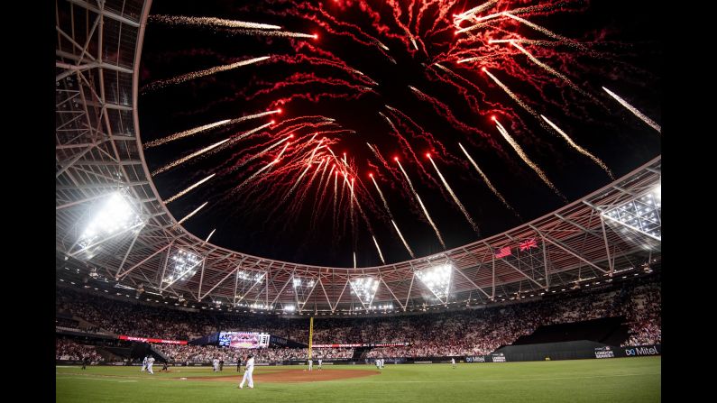Fireworks explode following the New York Yankees' victory over the Boston Red Sox in Game 1 of the inaugural <a href="index.php?page=&url=https%3A%2F%2Fwww.cnn.com%2F2019%2F06%2F29%2Fsport%2Fgallery%2Fred-sox-and-yankees-london-baseball%2Findex.html" target="_blank">MLB London Series</a> in London, England, on Saturday, June 29. The two-game series between the Yankees and Red Sox is the first time in history that Major League Baseball has been played in England.