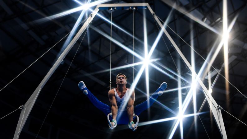 Russia's Vladislav Poliashov competes in the rings event of the men's all-around artistic gymnastics competition at the 2019 European Games in Minsk, Belarus, on Thursday, June 27.