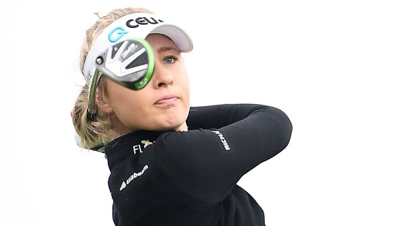 Nelly Korda hits her tee shot on the third hole during the final round of the KPMG PGA Championship at Hazeltine National Golf Club in Chaska, Minnesota, on Sunday, June 23.