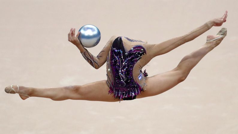 Linoy Ashram of Israel competes in the rhythmic gymnastics women's ball finals during the 2019 European Games held in Minsk, Belarus on June 23.