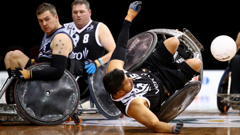 Nafi Lefono of the New Zealand Wheel Blacks falls and loses control of the ball during a match against the Victoria Thunder during the Wheelchair Rugby National Championship in Sydney, Australia, on June 28.