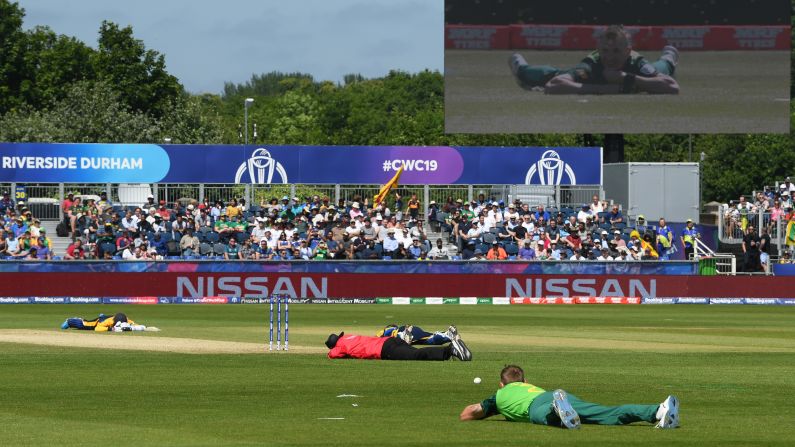 Players and match officials lie on the ground to avoid a swarm of bees during a Group Stage match of the Cricket World Cup between Sri Lanka and South Africa in Chester-le-Street, England, on June 28.