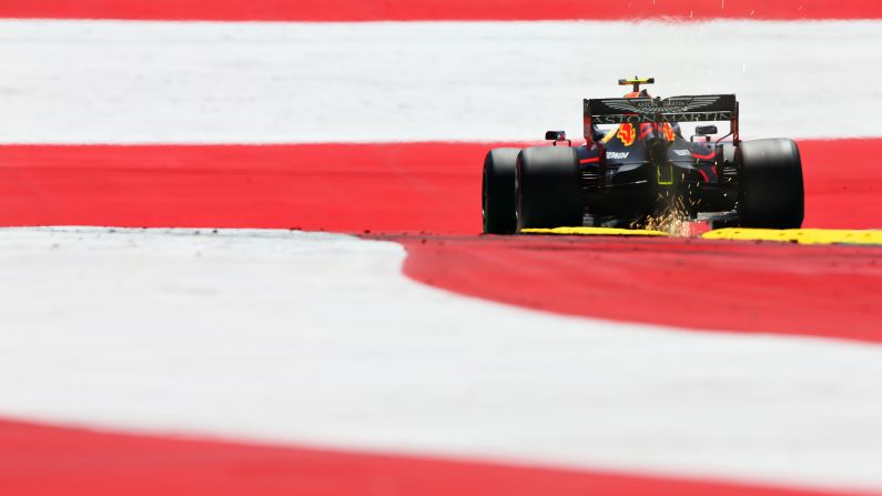 Sparks fly behind a car driven by Pierre Gasly of France during final practice for the F1 Grand Prix of Austria at Red Bull Ring in Spielberg, Austria, on June 29.
