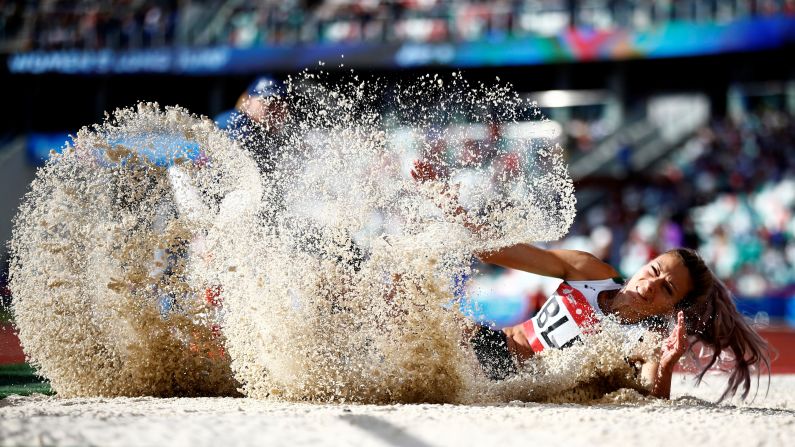 Nastassia Mironchyk-Ivanova of Belarus competes in the women's long jump qualification rounds during the 2019 European Games in Minsk, Belalrus, on Friday, June 28.