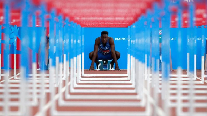Italy's Hassane Fofana prepares for the men's 110m hurdles at the European Games in Minsk, Belarus, on June 28.