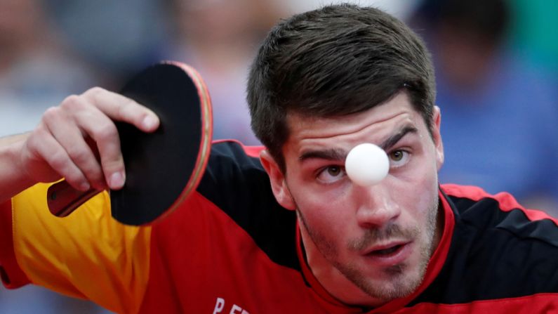 Germany's Patrick Franziska keeps his eye on the ball during the men's team table tennis gold medal match against Sweden's Jon Persson at the European Games in Minsk, Belarus, on June 29.