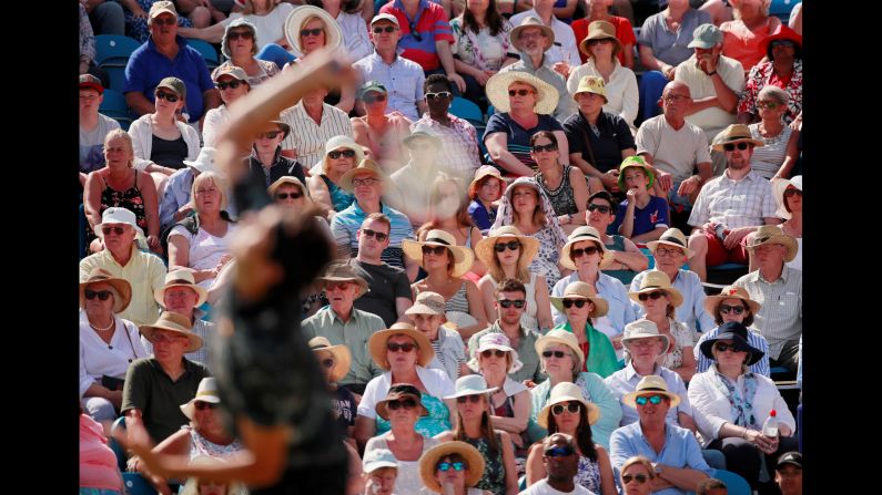 Fans look on during the Eastbourne International Men's Final match between Taylor Fritz and Sam Querrey at Devonshire Park Lawn Tennis Club in Eastbourne, United Kingdom, on Saturday, June 29.