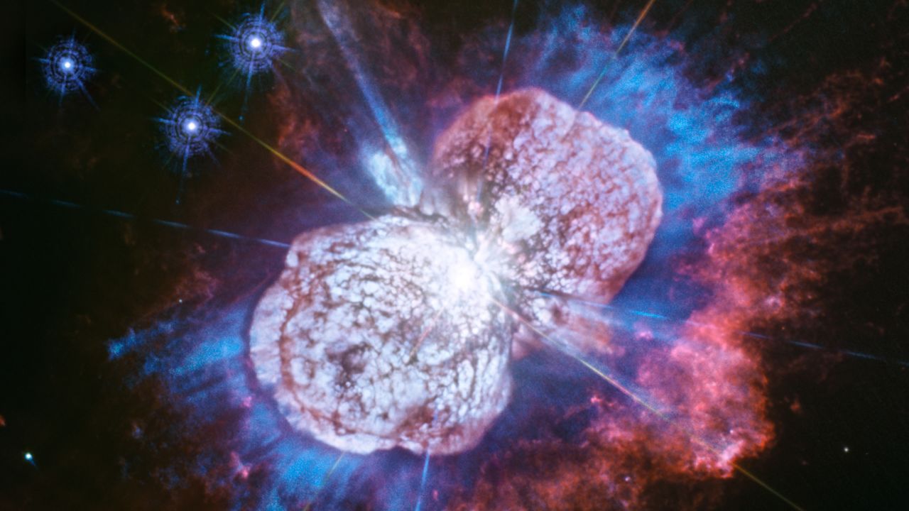 The Eta Carinae star system, located 7,500 light-years from Earth, experienced a great explosion in 1838 and the Hubble Space Telescope is still capturing the aftermath. This new ultraviolet image reveals the warm glowing gas clouds that resemble fireworks. 