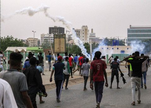 Tear gas fumes are seen amid a demonstration in Khartoum on June 30.