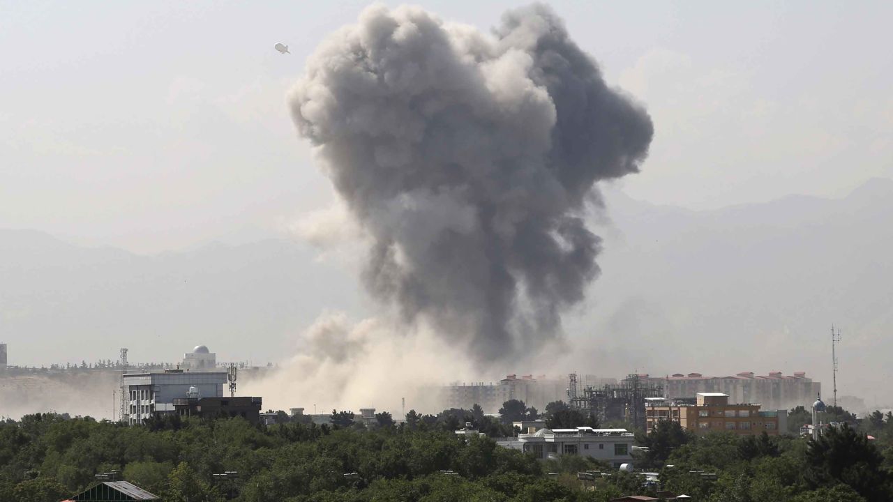 Smokes rises after an explosion in Kabul on Monday.