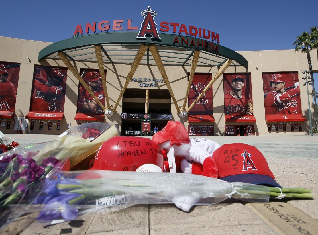 A memorial is set up in front of Angel Stadium for Tyler Skaggs. 