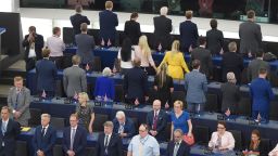 British MEPs Brexit Party turn their backs during the European anthem ahead of the inaugural session at the European Parliament on July 2 , 2019 in Strasbourg, eastern France. (Photo by FREDERICK FLORIN / AFP)        (Photo credit should read FREDERICK FLORIN/AFP/Getty Images)
