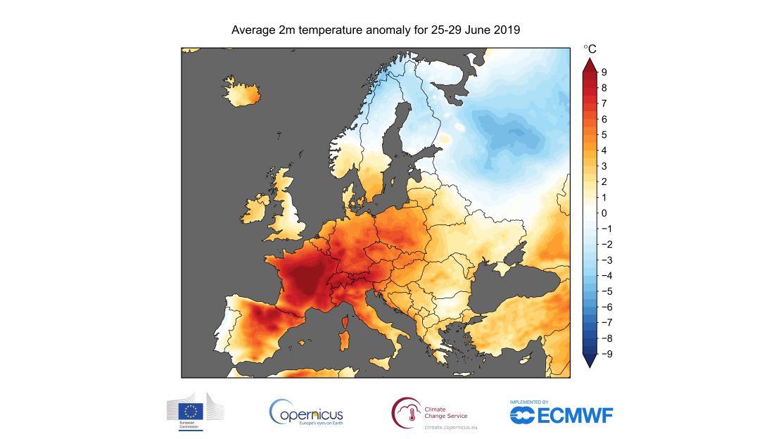 This map shows temperatures (°C) estimated during a 5-day period in 2019 ending June 29.