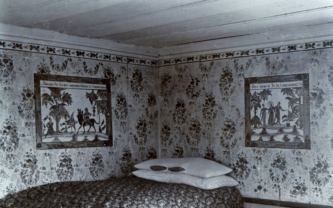 An undated photograph of murals inside one of the real decorated farmhouses in Halsingland, Sweden.