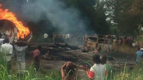 A scene of the accident where a fuel tanker trying to avoid a pothole overturned and exploded in Ahumbe village in Benue State, Nigeria on July 1st, 2019.