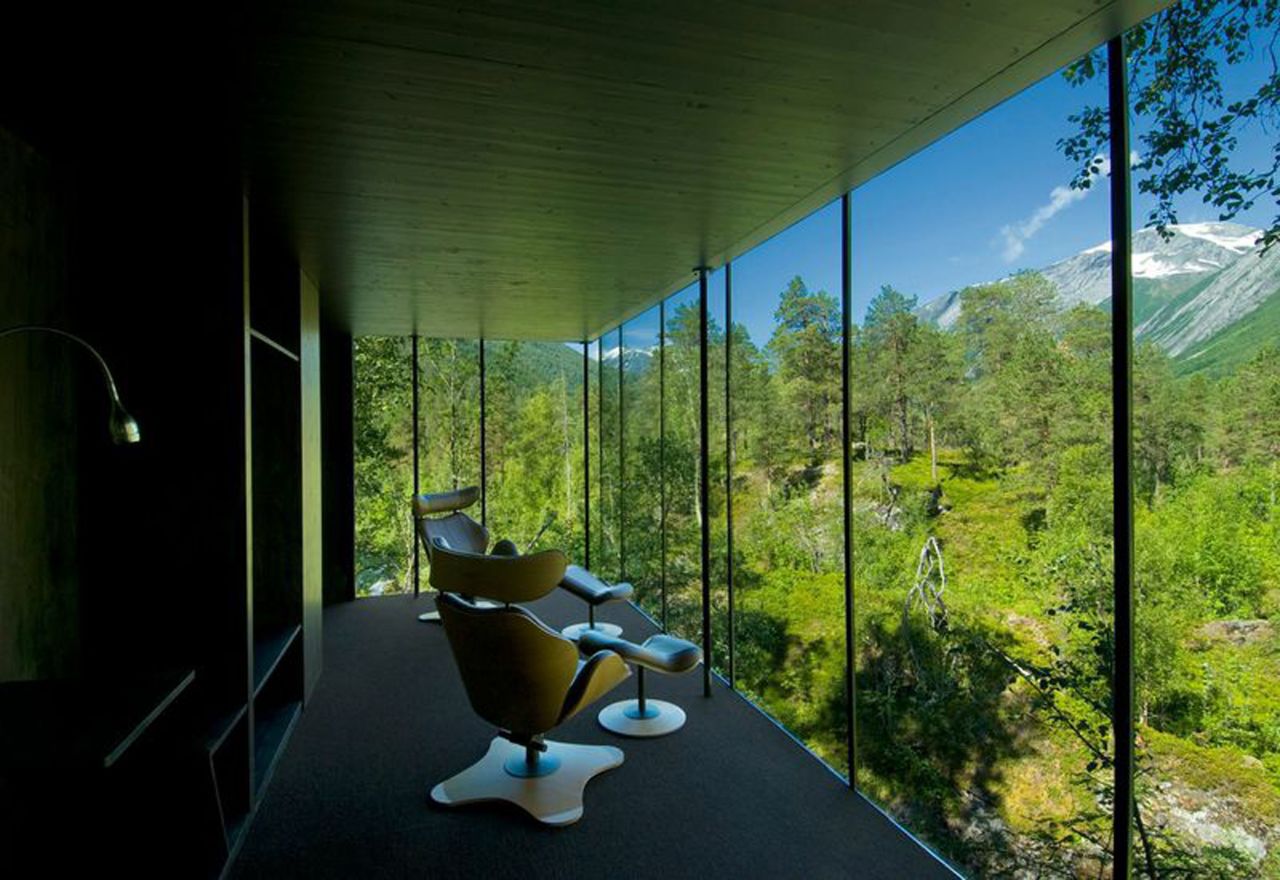 <strong>Juvet Landscape Hotel, Norway ("Ex Machina") --</strong> Alex Garland's multi-hyphenate sci-fi-horror "Ex Machina" (2014) used a private residence, the Juvet Landcape Hotel and soundstages to create the exquisitely designed home of tech megalomaniac Nathan Bateman. The hotel in Valldal with its angular design has nine rooms and really does have those stunning views of the surrounding woodlands.