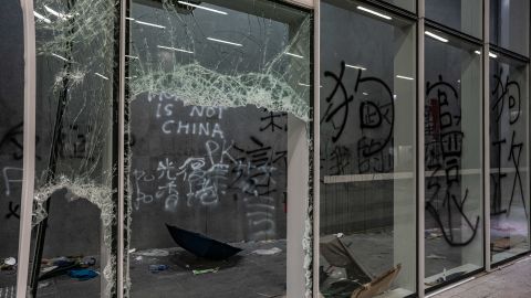 A general view of the Legislative Council building on July 2, 2019, after it was damaged by demonstrators during a protest the night before.