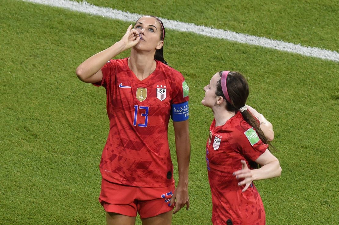 Alex Morgan celebrates after scoring a goal against England on Tuesday.