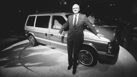 Lee Iacocca, chairman of the board of Chrysler Corporation, shows off Chryslers' Plymouth Vager T-115, August 31, 1983 in San Diego.