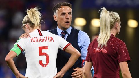 Phil Neville consoles England captain Steph Houghton after the Lionesses' Women's World Cup semifinal defeat.