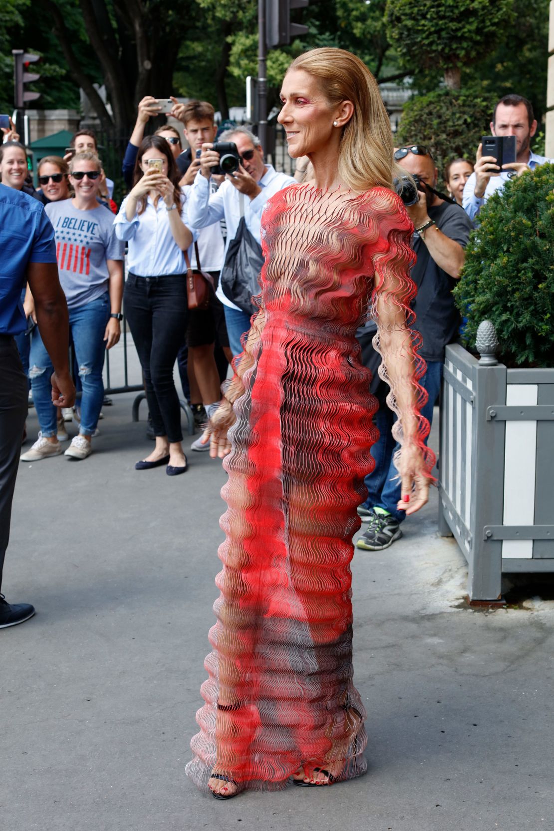 Celine Dion wore one of Iris van Herpen's signature pleated dresses to the designer's show on July 1.