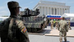 A Bradley Fighting Vehicle is moved into place at the Lincoln Memorial ahead of a July Fourth celebration highlighting U.S. military might in Washington, U.S., July 3, 2019. REUTERS/Jim Bourg