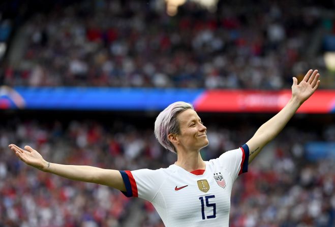 Rapinoe celebrates one of her two goals in the 2-1 victory over France in the quarterfinals. After being embroiled in a <a  target="_blank">war of words with US President Donald Trump,</a> Rapinoe became the focus of unprecedented scrutiny during this World Cup.