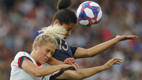 American Abby Dahlkemper, left, and France's Valerie Gauvin battle for the ball during the Women's World Cup quarterfinal in Pais on June 28.