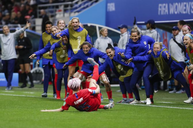 Rapinoe celebrates her goal during the team's 13-0 rout over Thailand. It was the largest win in World Cup history for any team, men or women. But<a href="index.php?page=&url=https%3A%2F%2Fwww.cnn.com%2F2019%2F06%2F12%2Fus%2Fuswnt-world-cup-sportsmanship-trnd%2Findex.html" target="_blank"> the team was criticized</a> for the way it celebrated many of its late goals.