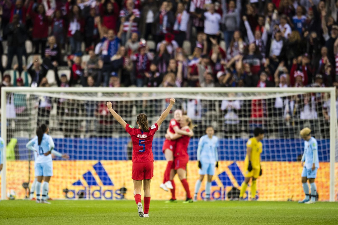 O'Hara, foreground, cheers on her teammates after a goal against Thailand.