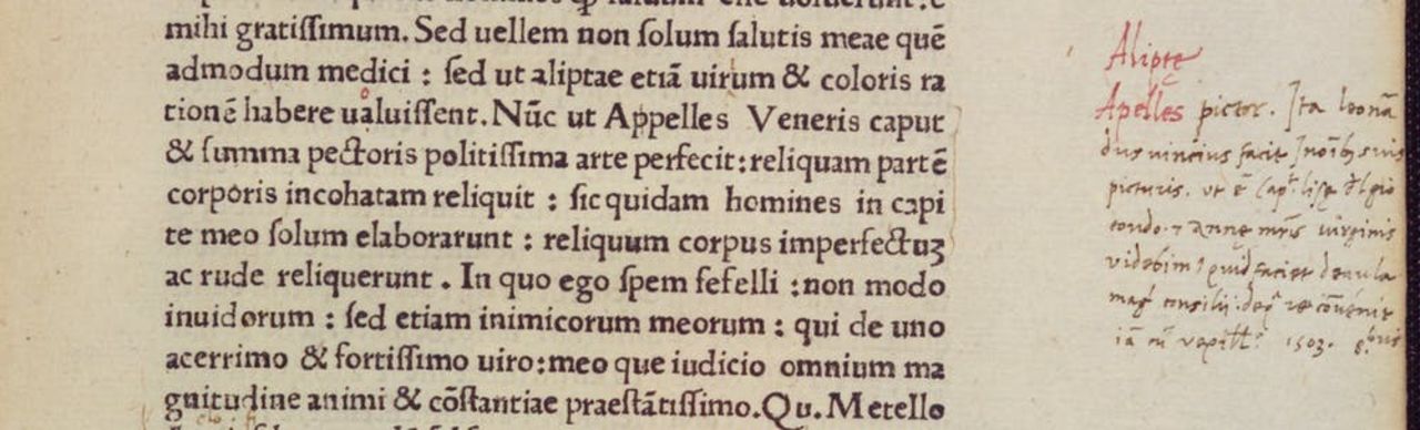 Handwritten comment about the "Mona Lisa" in Cicero's "Epistolae ad familiares" (1477) by Agostino Vespucci. 