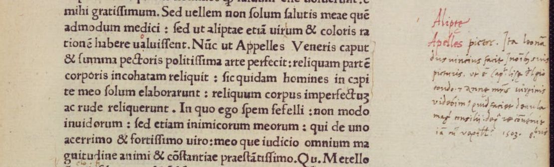 Handwritten comment about the "Mona Lisa" in Cicero's "Epistolae ad familiares" (1477) by Agostino Vespucci. 