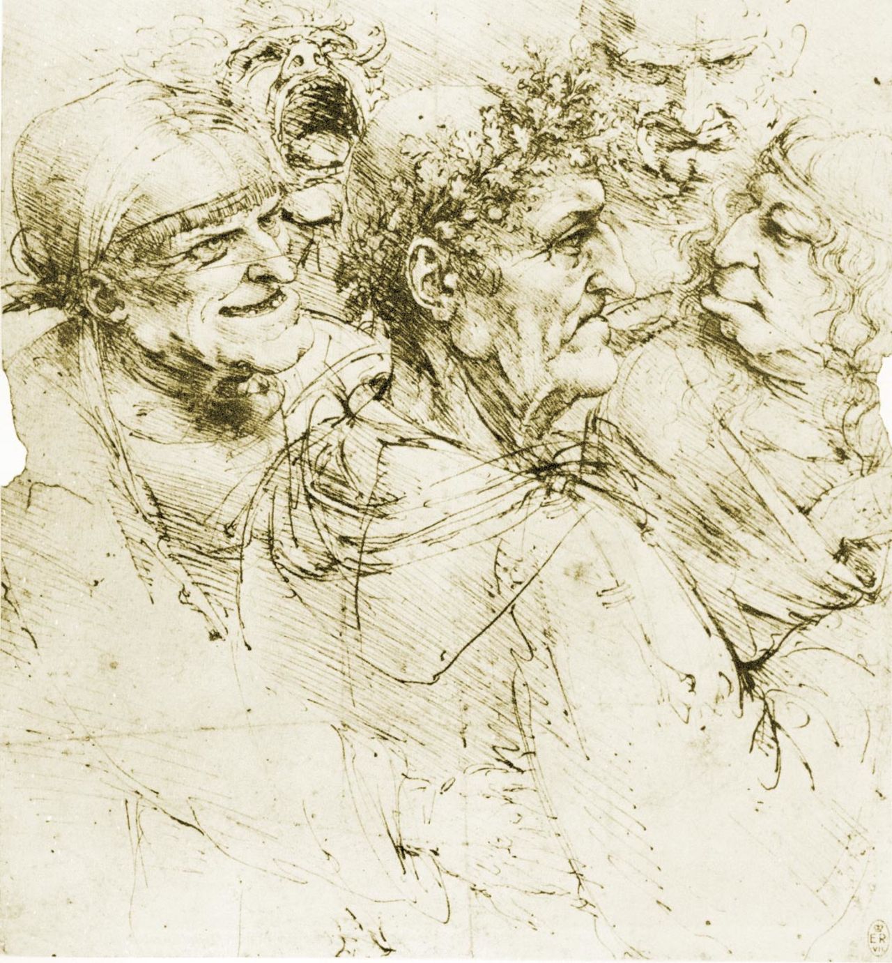 "Study of five grotesque heads" (c. 1490s) by Leonardo da Vinci.