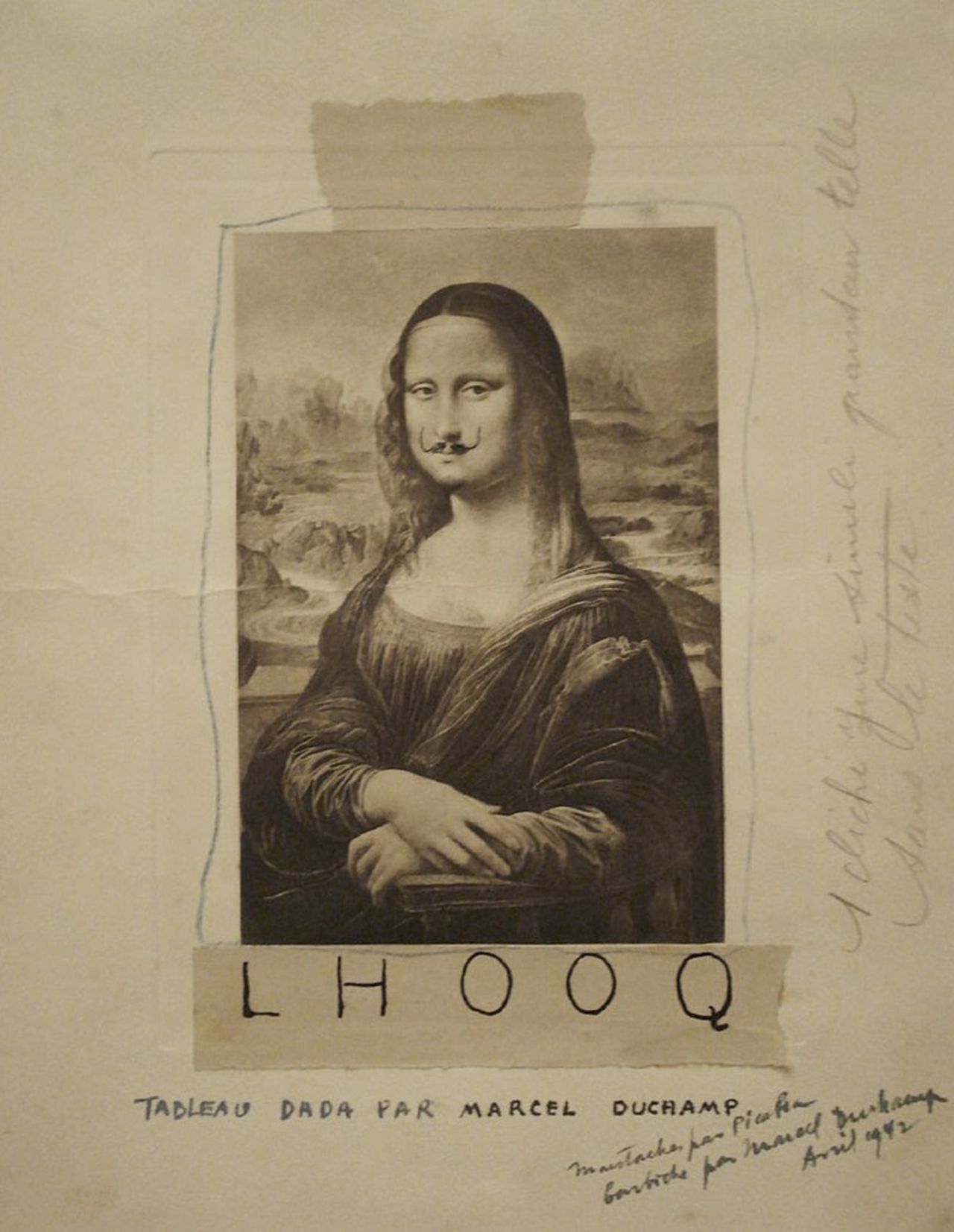 "L H O O Q" (1919) by Marcel Duchamp with Francis Pucabia, published in the magazine 391, No. 12, March 1920.